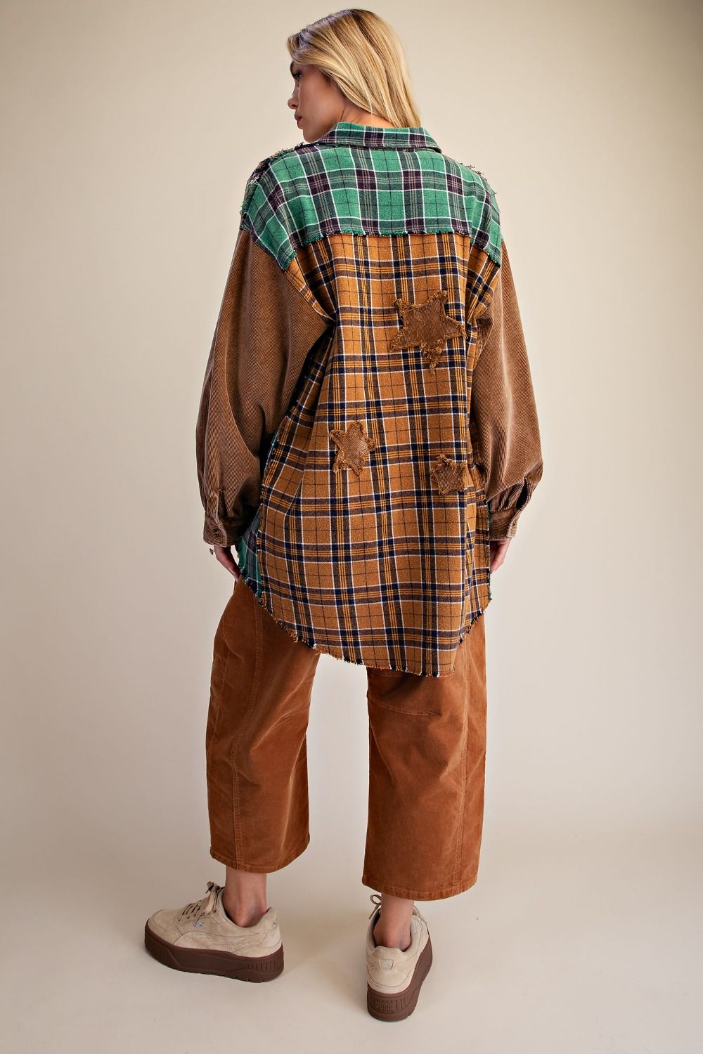Washed Plaid Patchwork Shacket