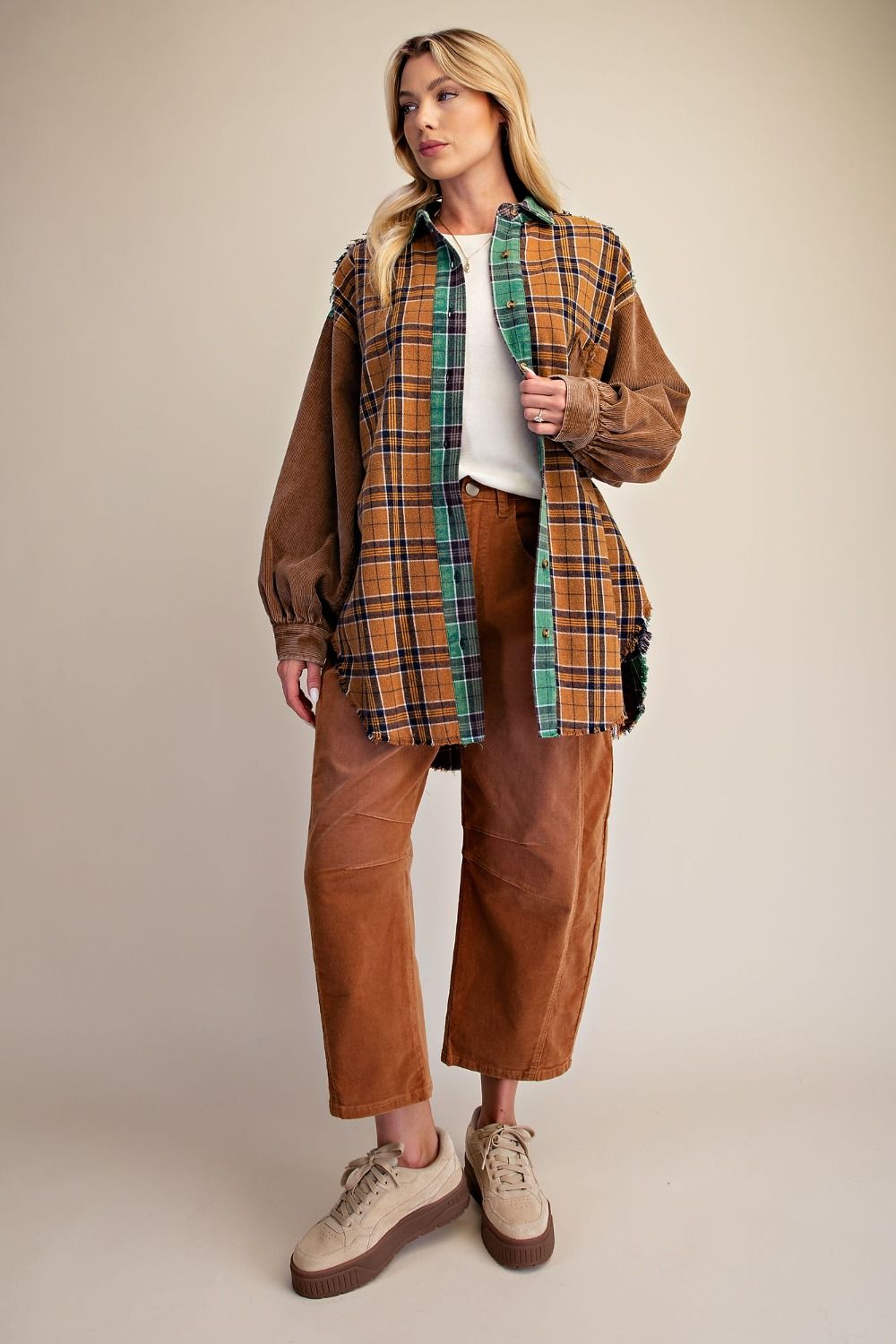 Washed Plaid Patchwork Shacket