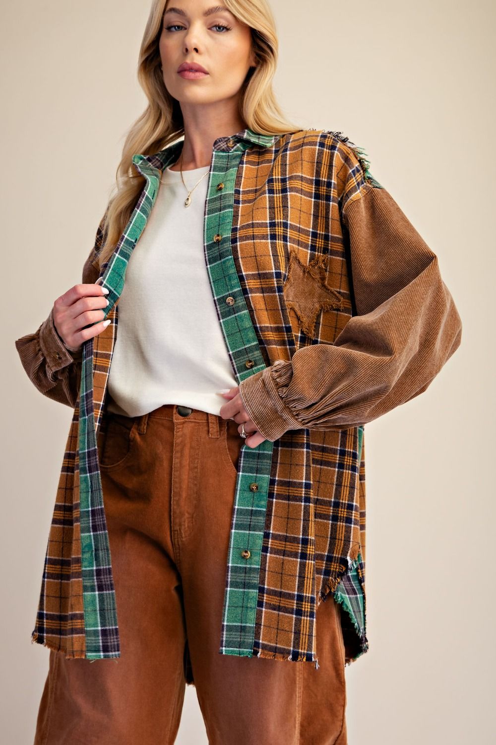 Washed Plaid Patchwork Shacket