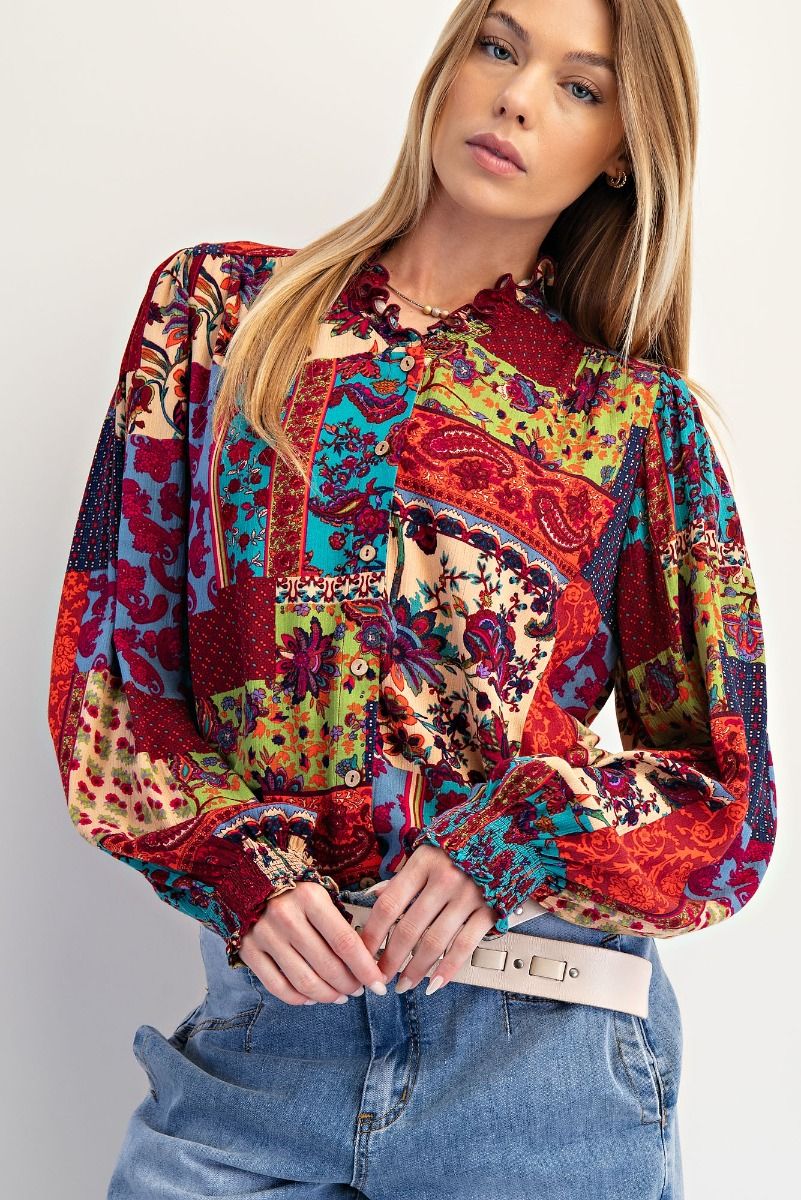 Easel Patchwork Printed Top