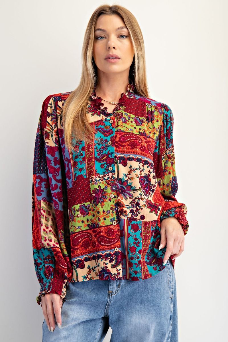Easel Patchwork Printed Top