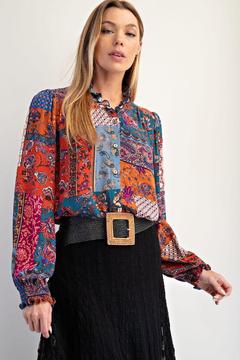 Easel Patchwork Printed Top