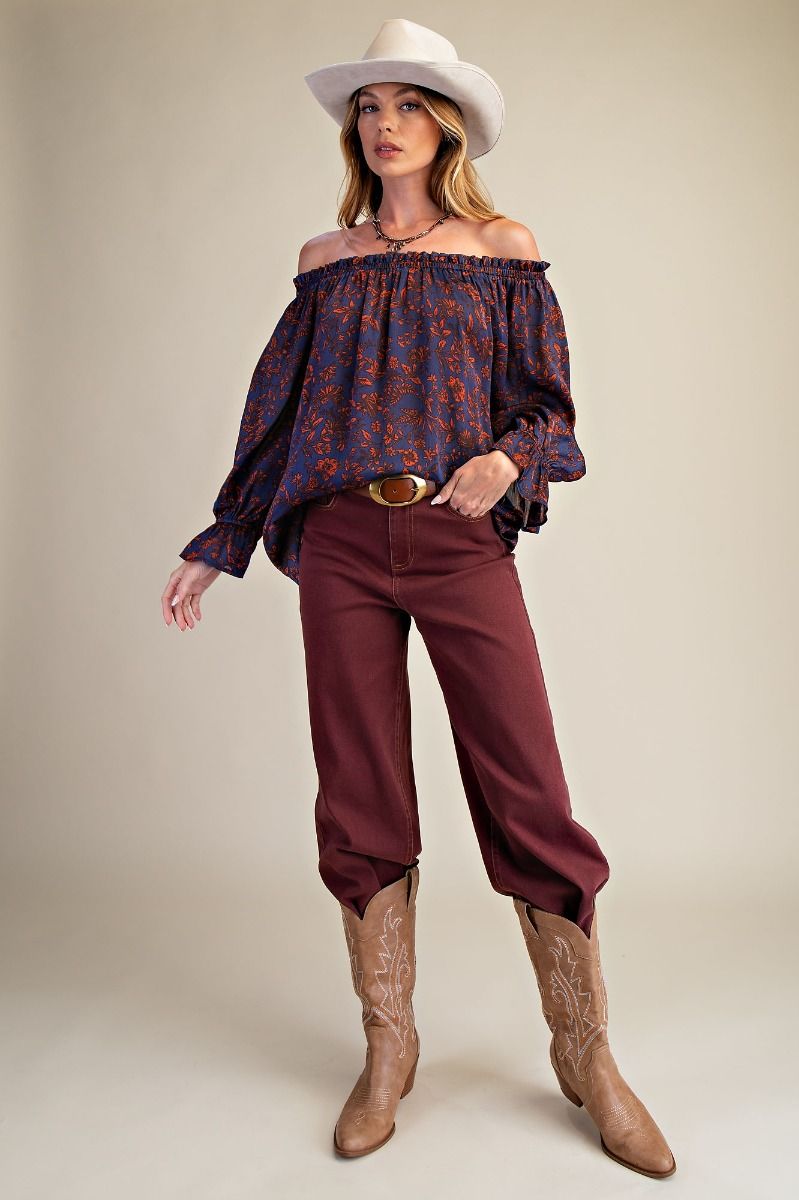 Easel Floral Printed Satin Off-Shoulder Top