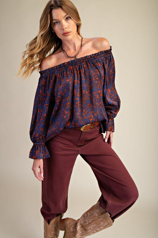 Easel Floral Printed Satin Off-Shoulder Top