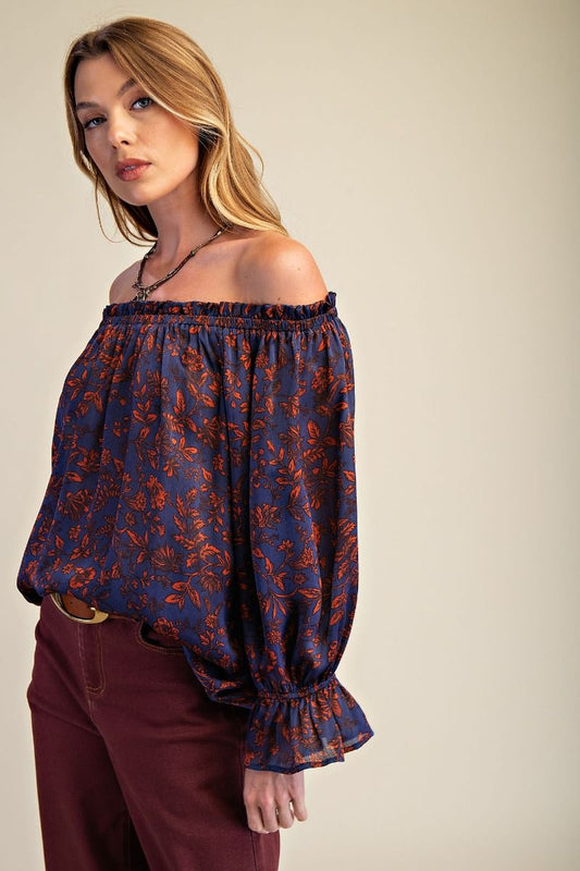 Easel Floral Printed Satin Off-Shoulder Top