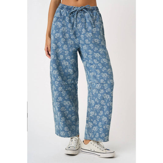 Floral Print Elastic Waist Barrel Jeans