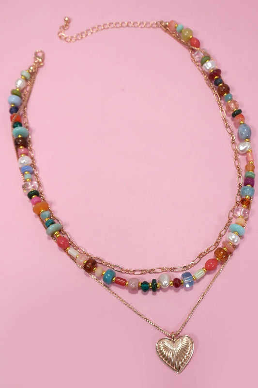 Multi-Layered Multi-Colored Pearl Mixed Beaded Heart Flower Charm Necklace