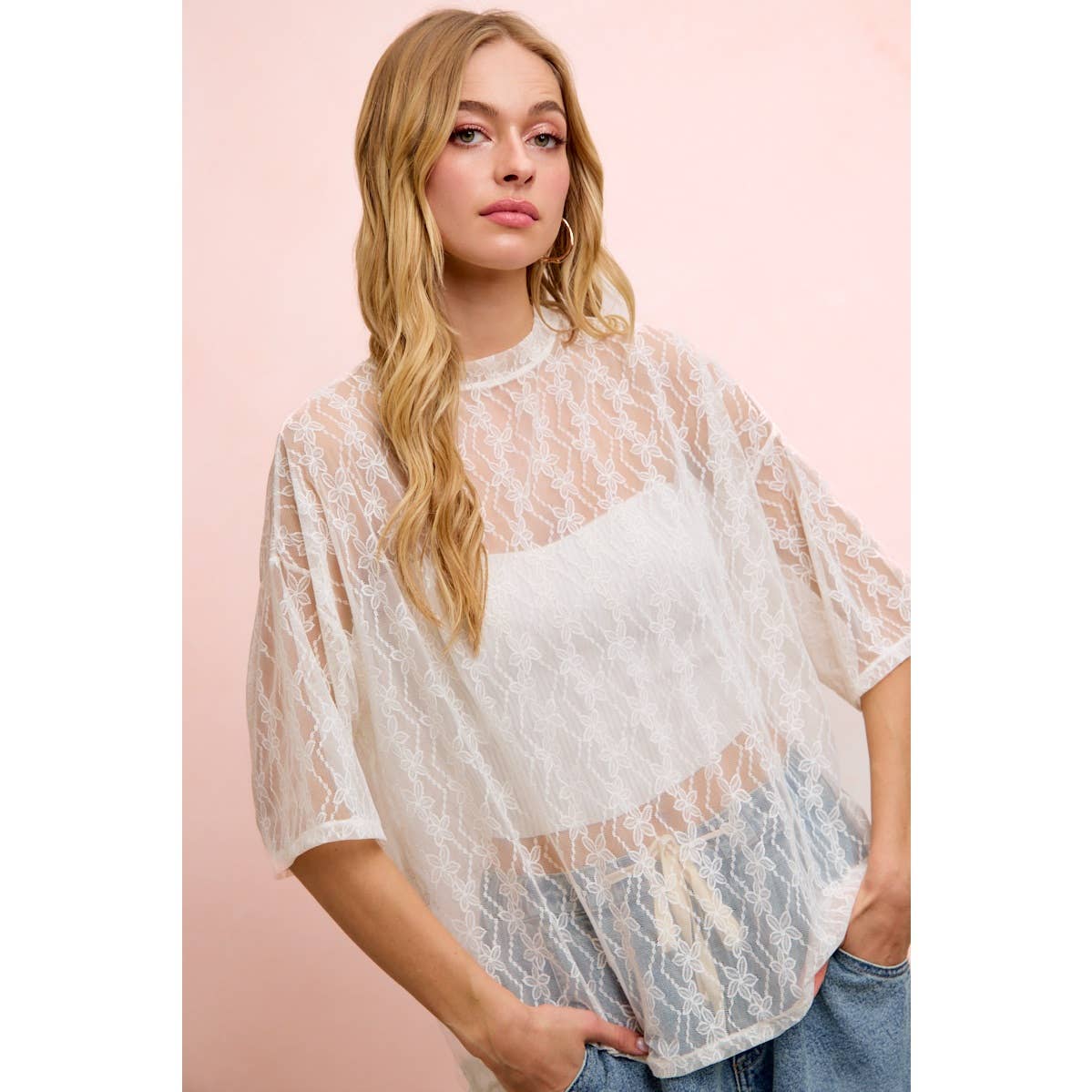 Floral Pattern Short Sleeve Mesh Top