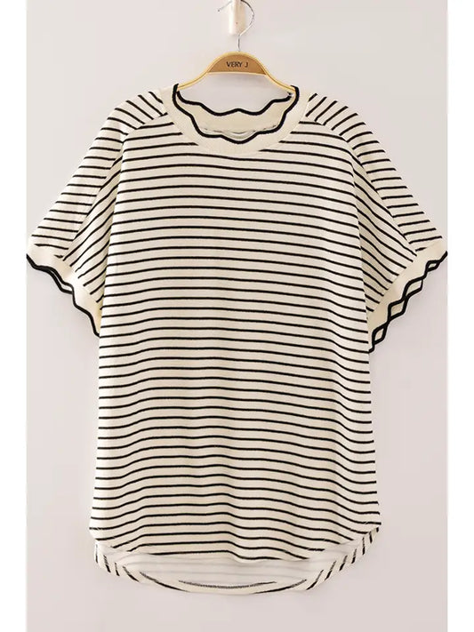 Scallop Trim Stripe Knit Top
