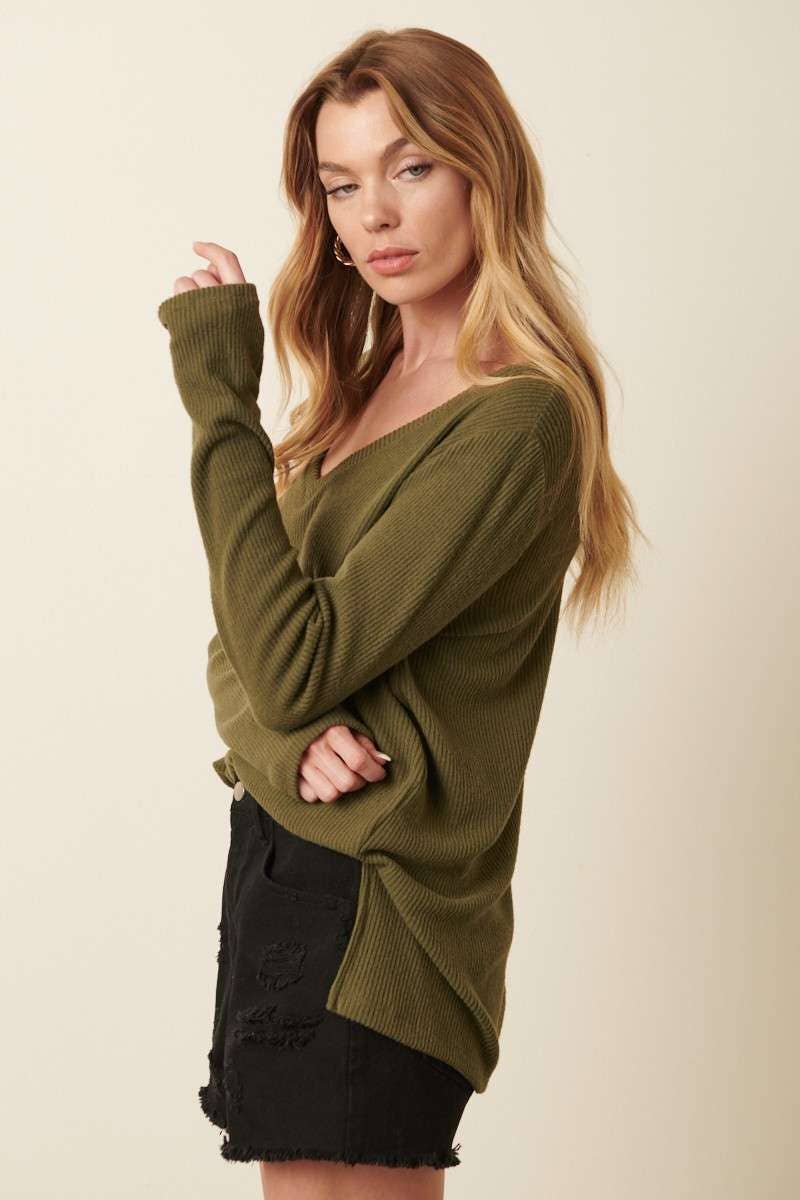 Olive V Neck Rib Top
