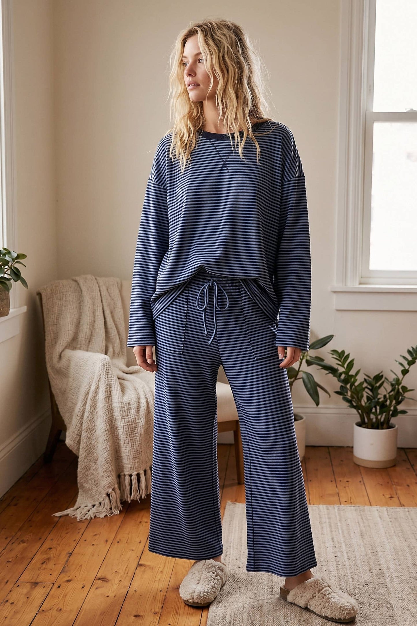 Striped Relaxed Top & Wide Leg Pants Knit Set