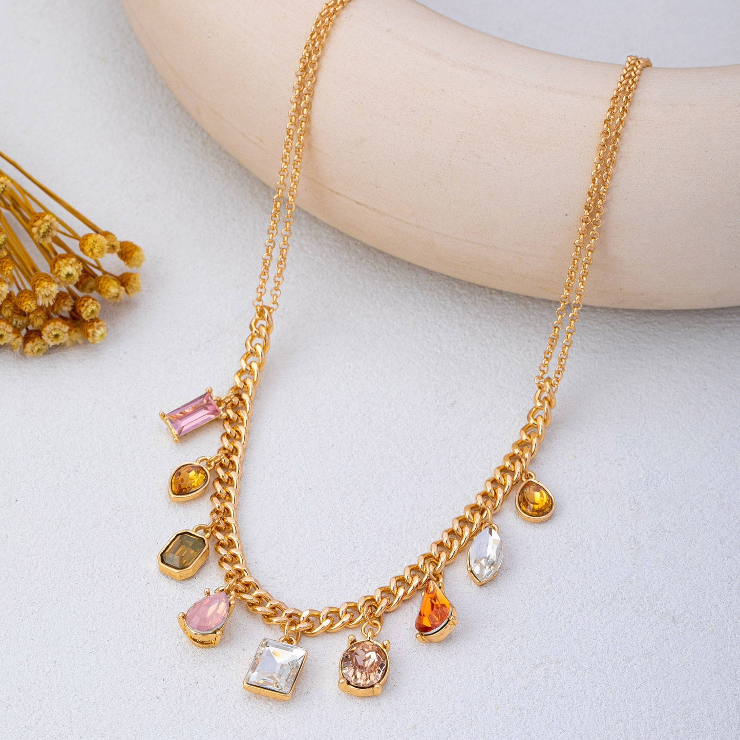Multi-Shape Earth Tone Crystal Charm Necklace