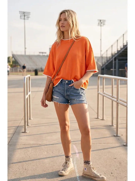 Gameday Contrast Trim Oversized Sweater Top