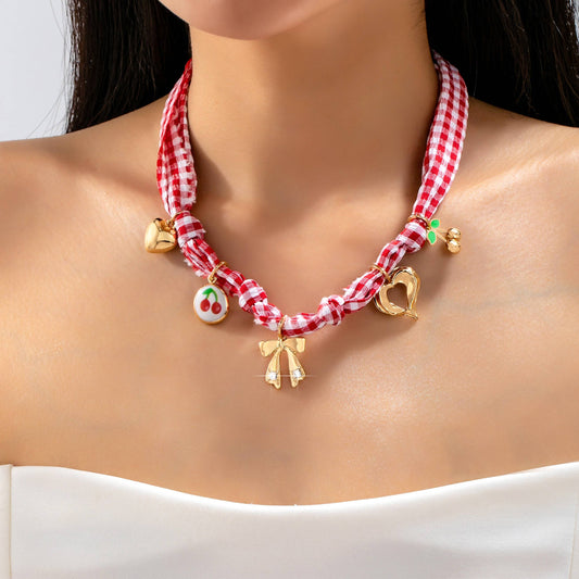 Red Gingham Scarf Charm Necklace