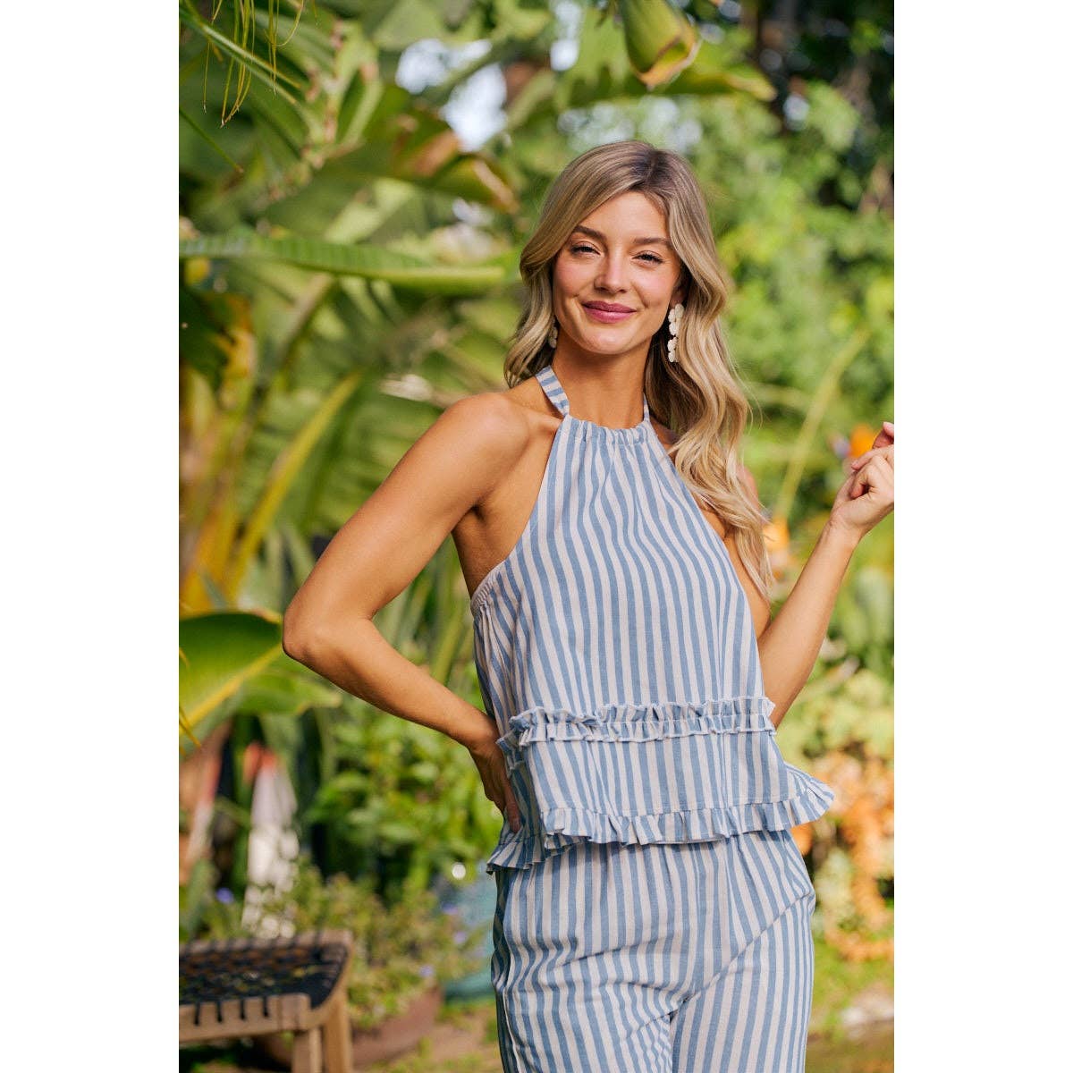 Stripe Ruffle Detail Halter Neck Top