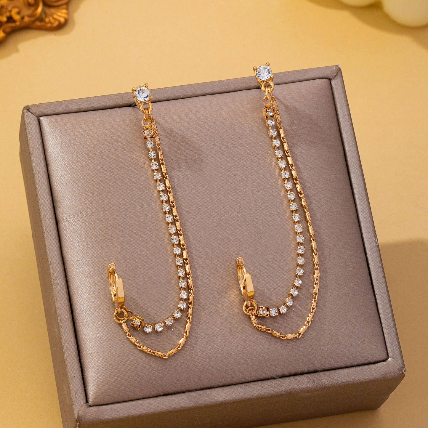 Rhinestone & Gold Double Chain Drapes Drop Earrings