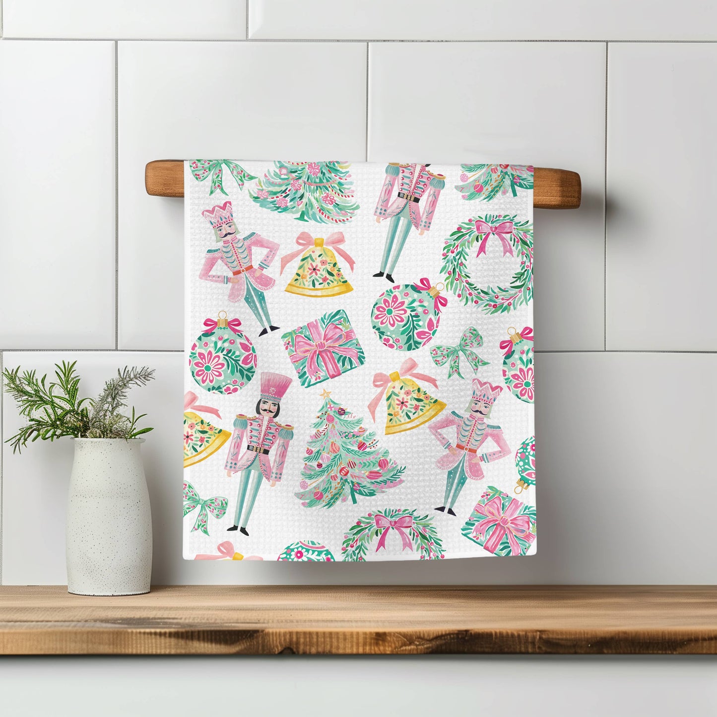 Nutcracker Pink Christmas Kitchen Towel Waffle