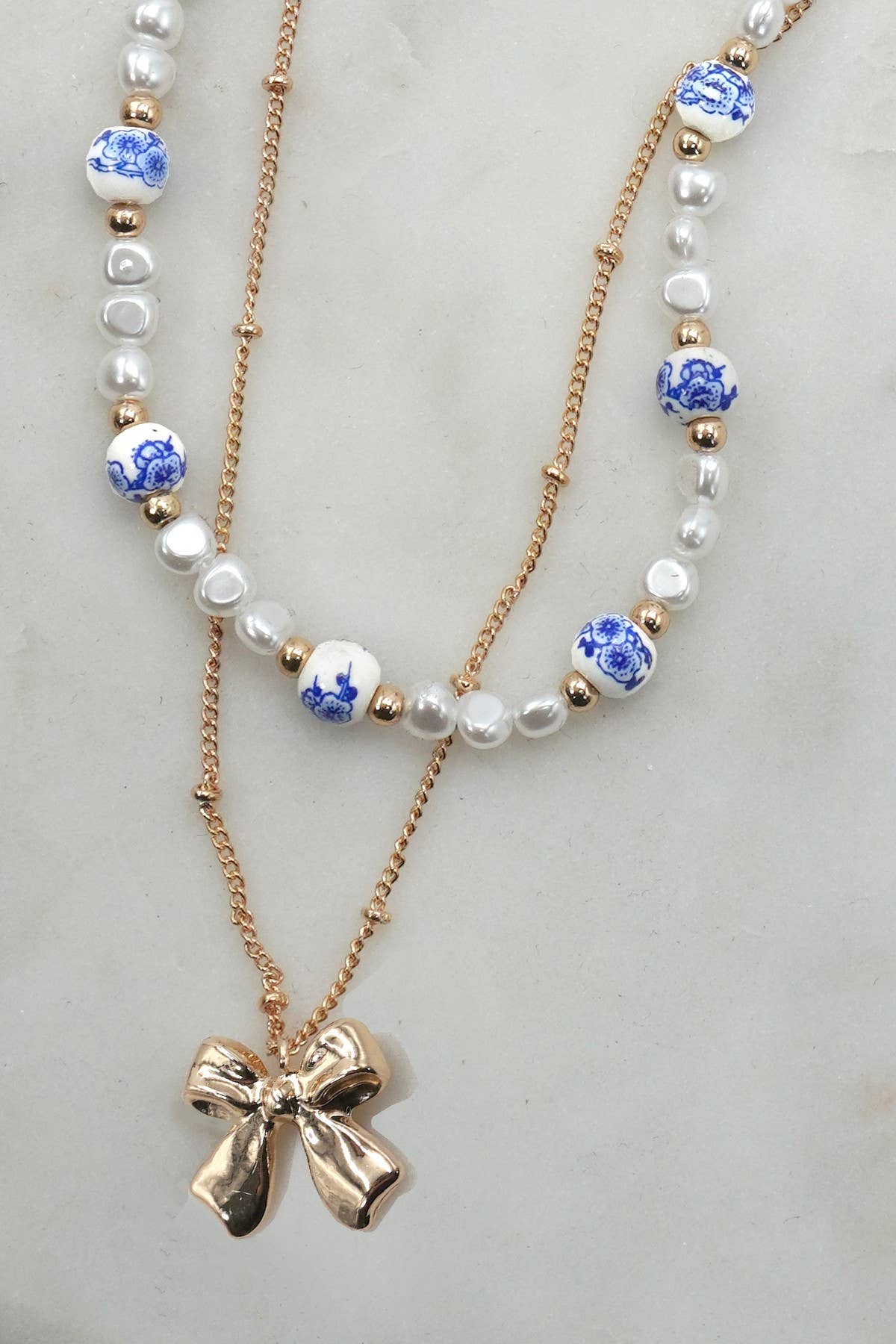 Blue Ceramic Porcelain Pearl Mix with Layered Bow Charm Chain Necklace