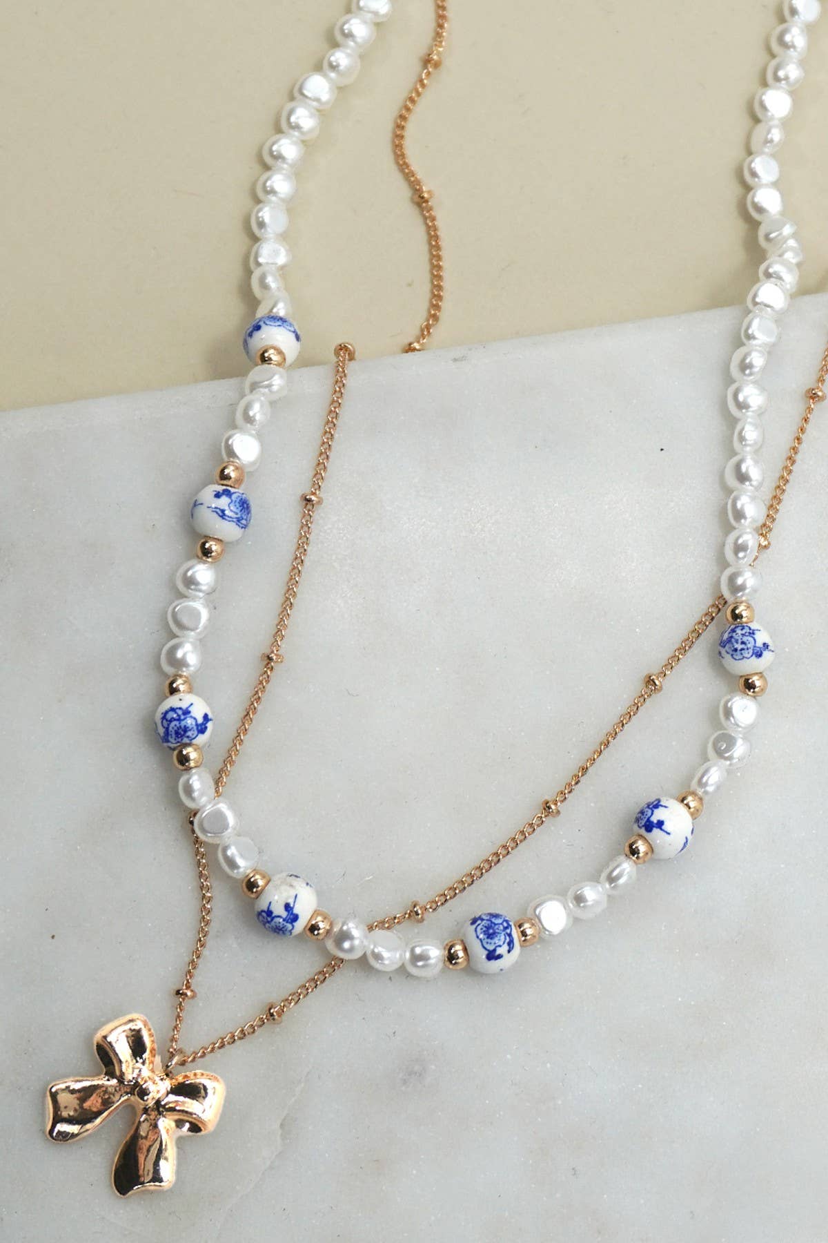 Blue Ceramic Porcelain Pearl Mix with Layered Bow Charm Chain Necklace